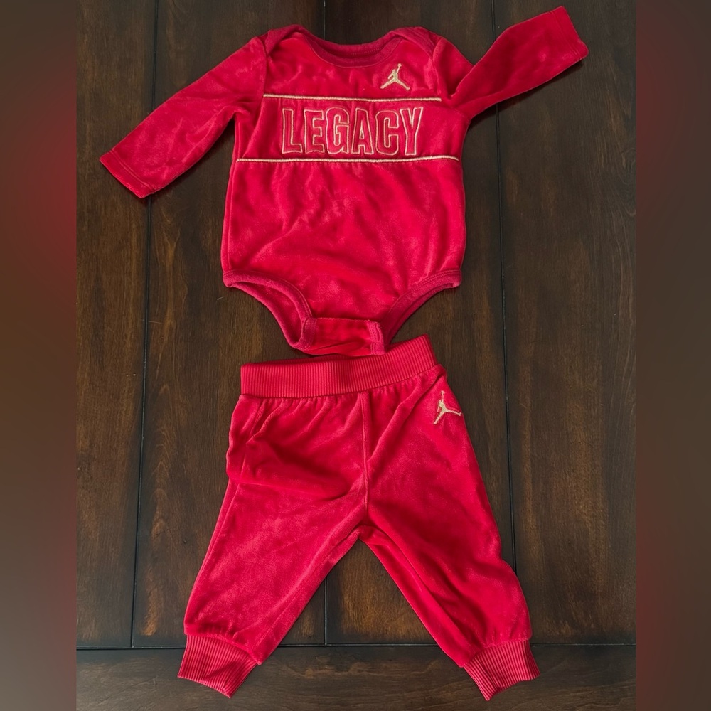 Jordan Velour Red Onesie & Pants with Legacy Design 0-6 months